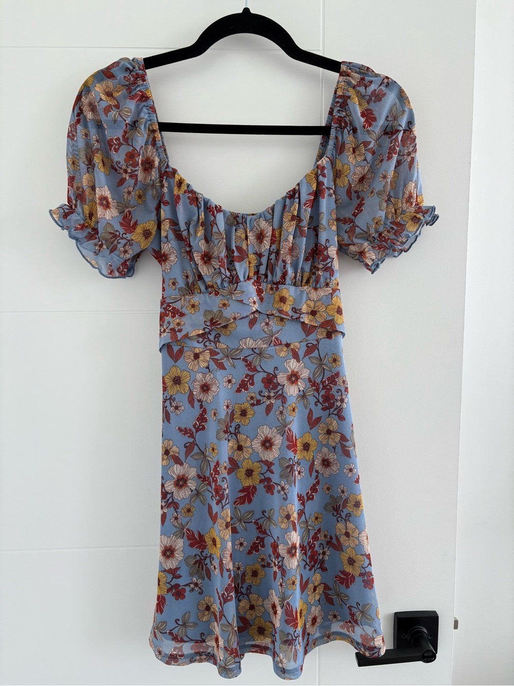 Inspired Hearts Light Blue Floral Puff-Sleeve Mini Dress
